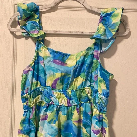 NWOT Blu Pepper L Blue/Green/Purple Palm Pattern Ruffle Dress - Picture 8 of 9